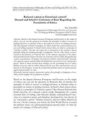 Husserl and Scheler's Criticisms of Kant Regarding the Foundation Of