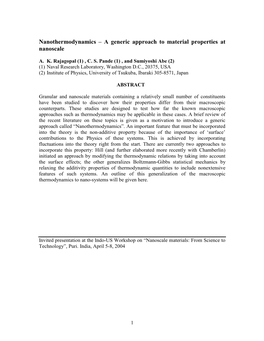 Nanothermodynamics – a Generic Approach to Material Properties at Nanoscale