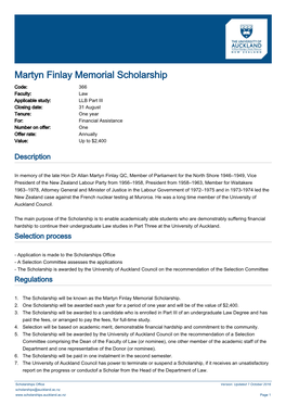Martyn Finlay Memorial Scholarship