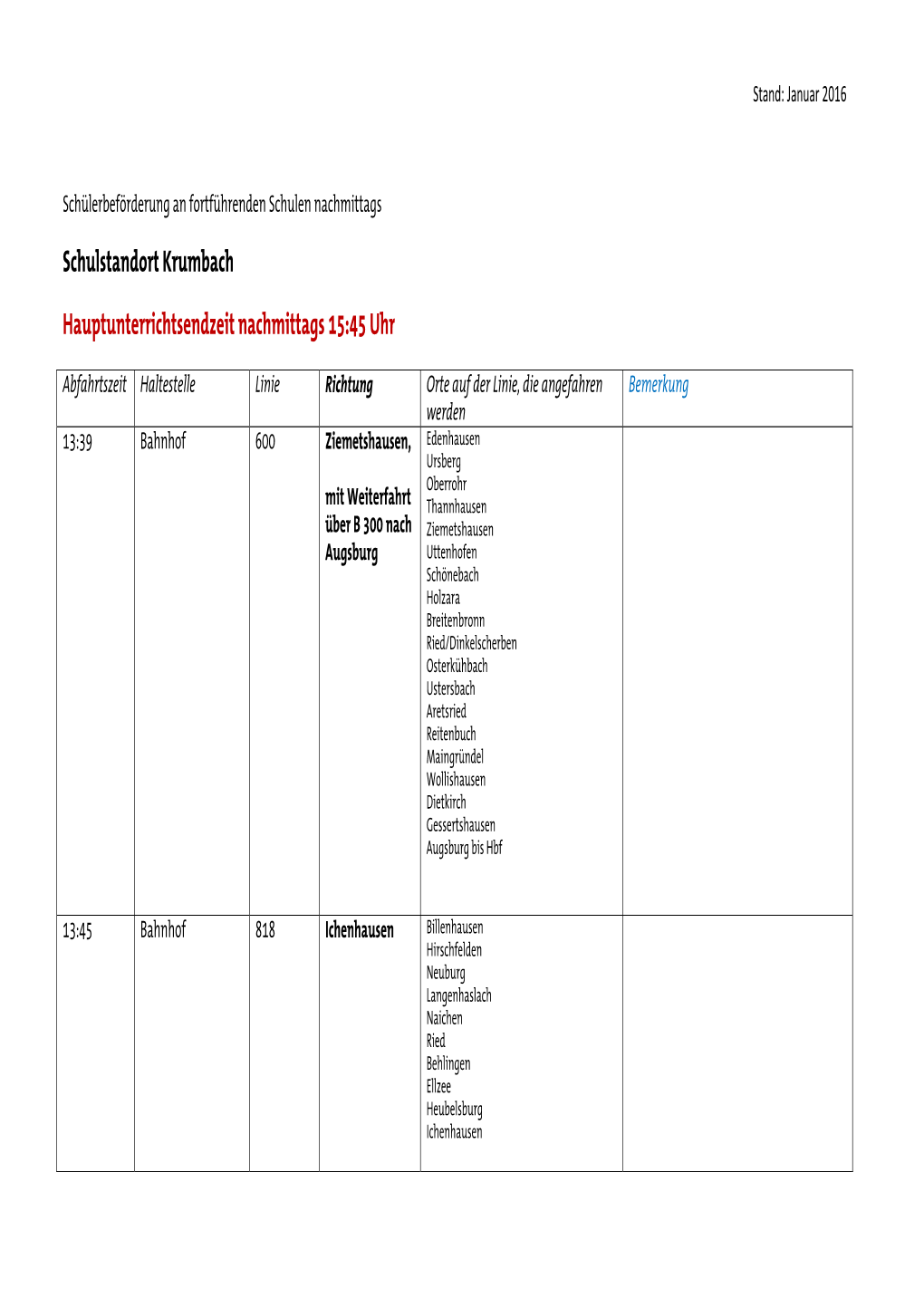 Schulstandort Krumbach Hauptunterrichtsendzeit