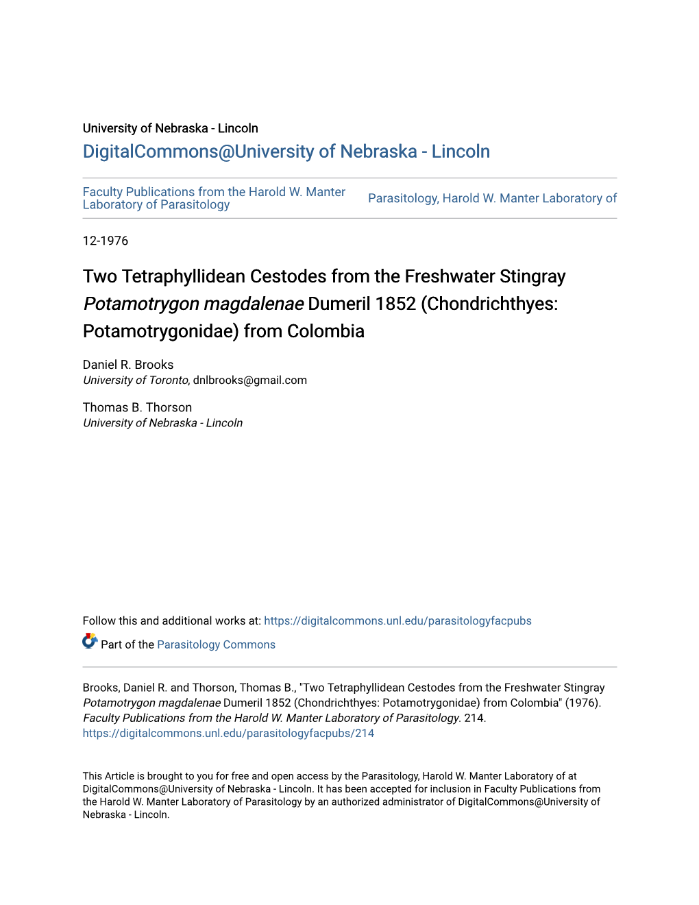 Two Tetraphyllidean Cestodes from the Freshwater Stingray Potamotrygon Magdalenae Dumeril 1852 (Chondrichthyes: Potamotrygonidae) from Colombia