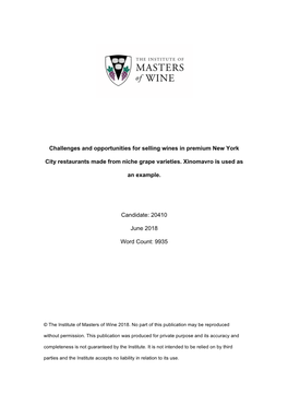 Challenges and Opportunities for Selling Wines in Premium New York City Restaurants Made from Niche Grape Varieties. Xinomavro Is Used As an Example