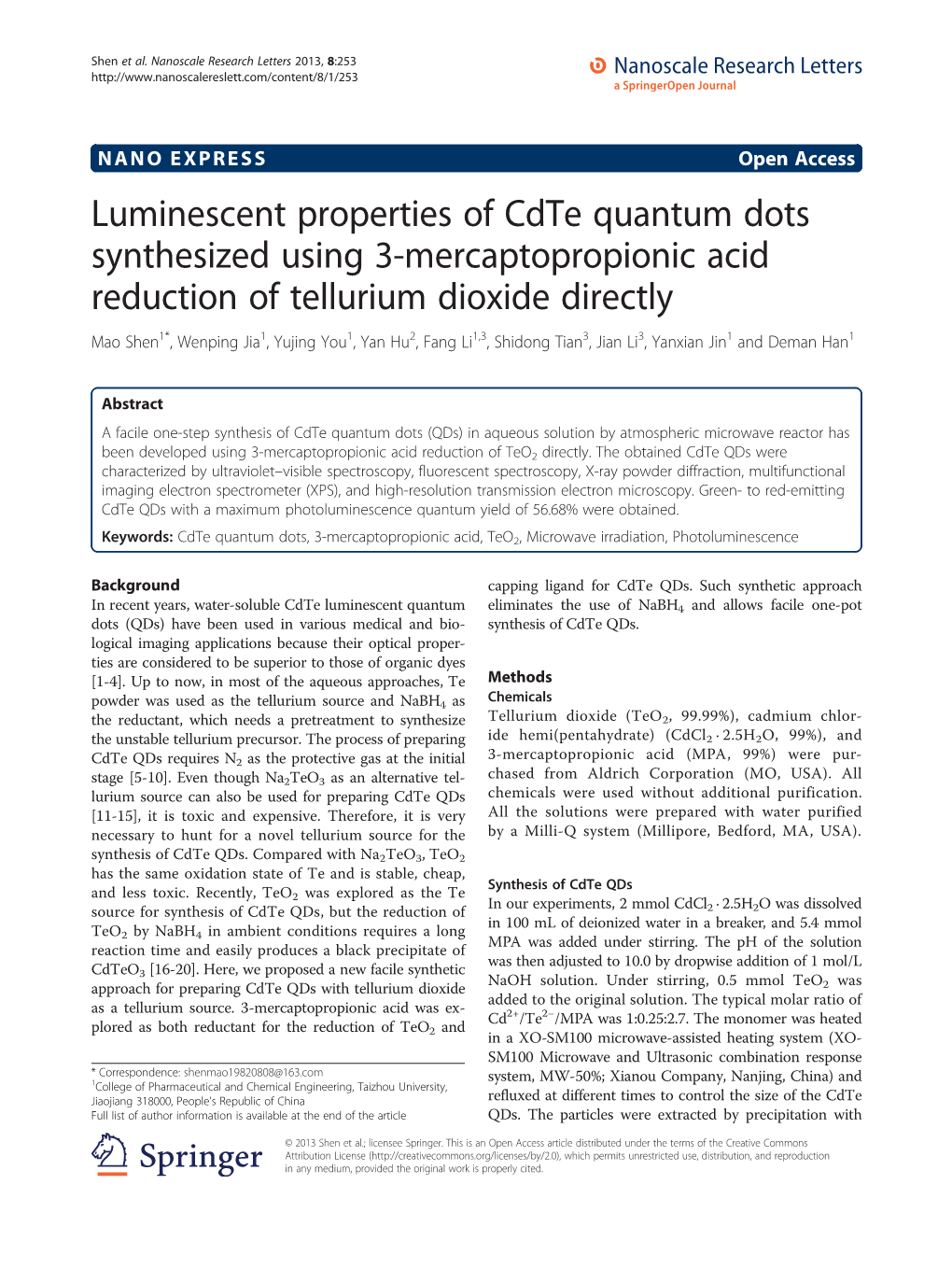 Luminescent Properties of Cdte Quantum Dots Synthesized Using 3-Mercaptopropionic Acid Reduction of Tellurium Dioxide Directly