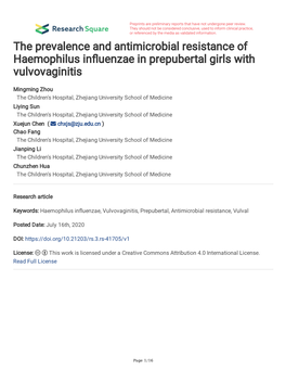 The Prevalence and Antimicrobial Resistance of Haemophilus Infuenzae in Prepubertal Girls with Vulvovaginitis