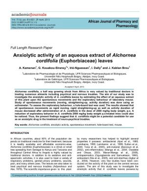 Anxiolytic Activity of an Aqueous Extract of Alchornea Cordifolia (Euphorbiaceae) Leaves