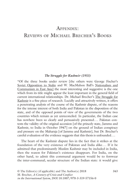 APPENDIX: REVIEWS of MICHAEL BRECHER's Books