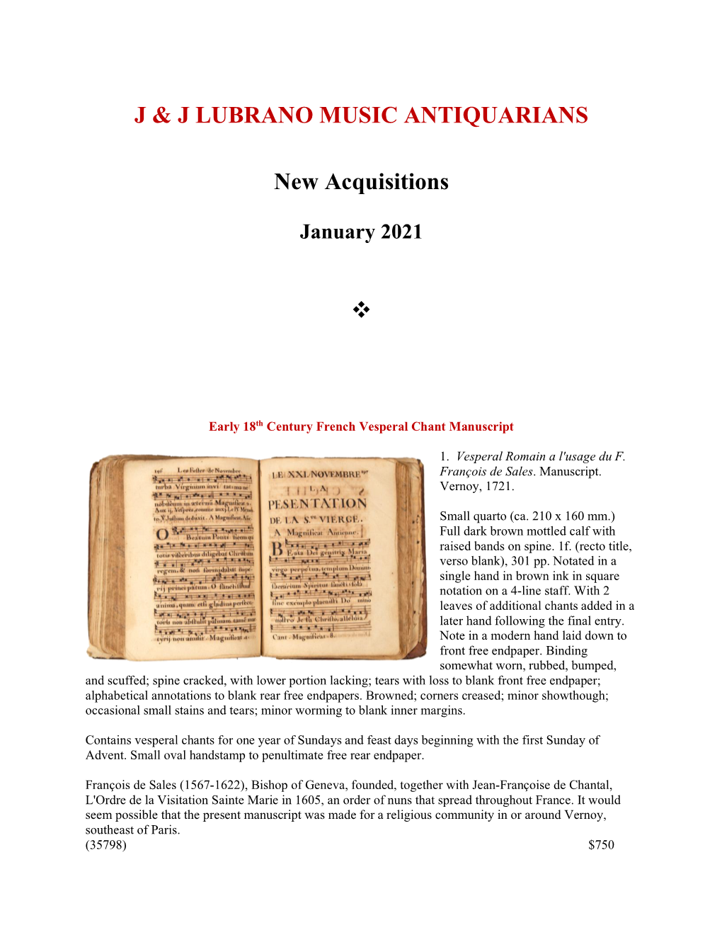 J & J LUBRANO MUSIC ANTIQUARIANS New Acquisitions