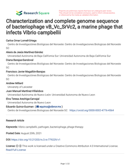 Characterization and Complete Genome Sequence of Bacteriophage Vb Vc Srvc2, a Marine Phage That Infects Vibrio Campbellii