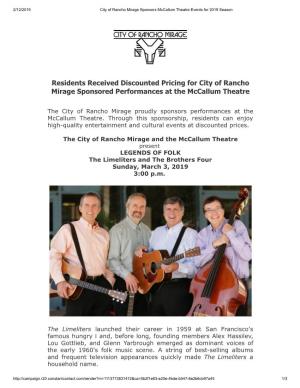 Residents Received Discounted Pricing for City of Rancho Mirage Sponsored Performances at the Mccallum Theatre