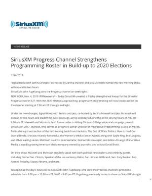 Siriusxm Progress Channel Strengthens Programming Roster in Build-Up to 2020 Elections