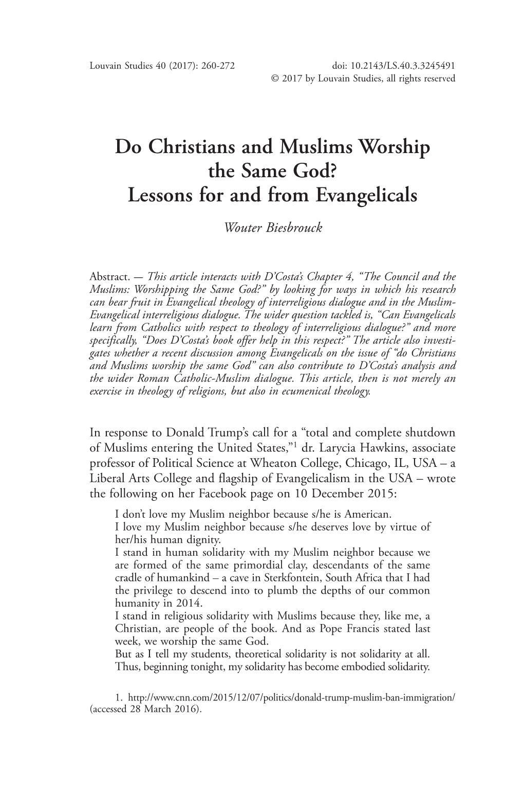Do Christians and Muslims Worship the Same God? Lessons for and from Evangelicals