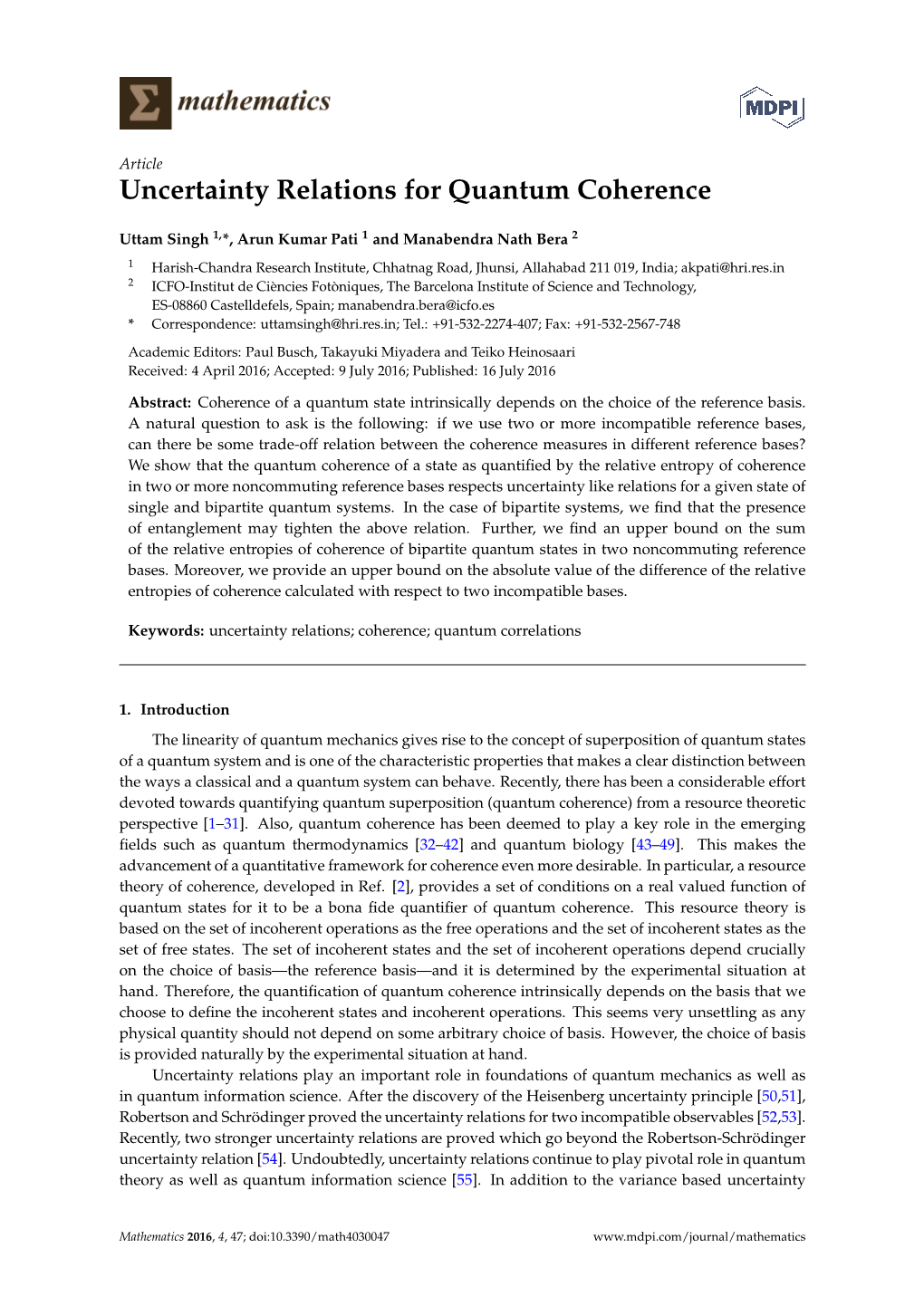 Uncertainty Relations for Quantum Coherence