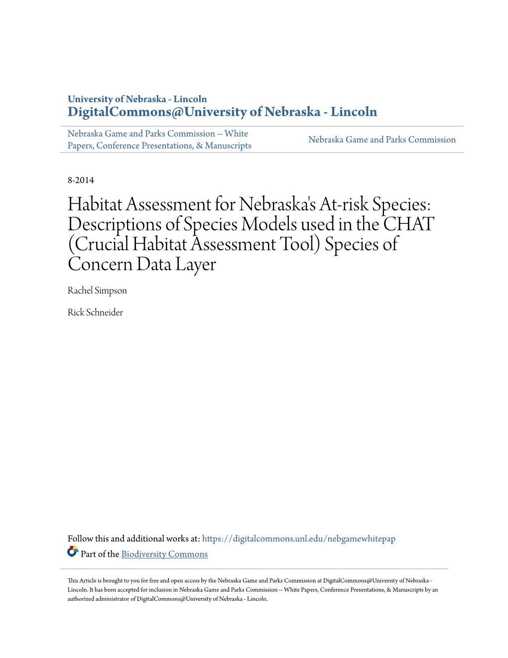 Habitat Assessment for Nebraska's At-Risk Species