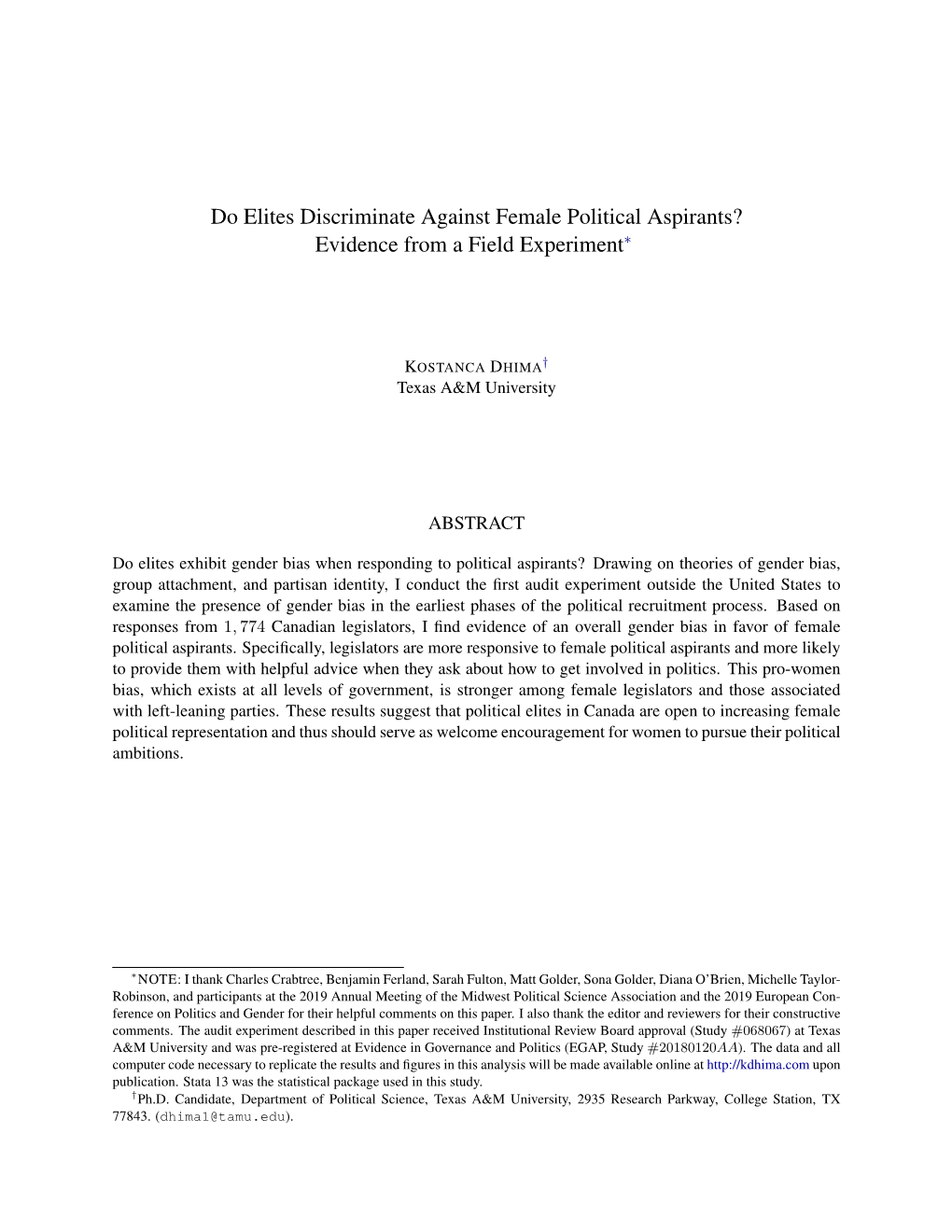 Do Elites Discriminate Against Female Political Aspirants? Evidence from a Field Experiment∗