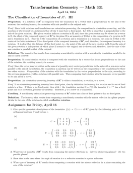Transformation Geometry — Math 331 April 14, 2004 the Classiﬁcation of Isometries of R3:III Proposition