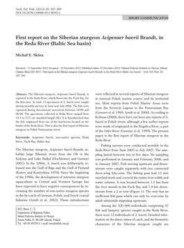 First Report on the Siberian Sturgeon Acipenser Baerii Brandt, in the Reda River (Baltic Sea Basin)