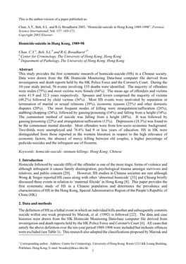 Homicide-Suicide in Hong Kong, 1989-98 Chan, C.Y , Beh, S.L. and R.G