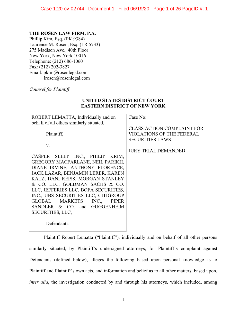 Robert Lematta, Et Al. V. Casper Sleep Inc., Et Al. 20-CV-02744-Class