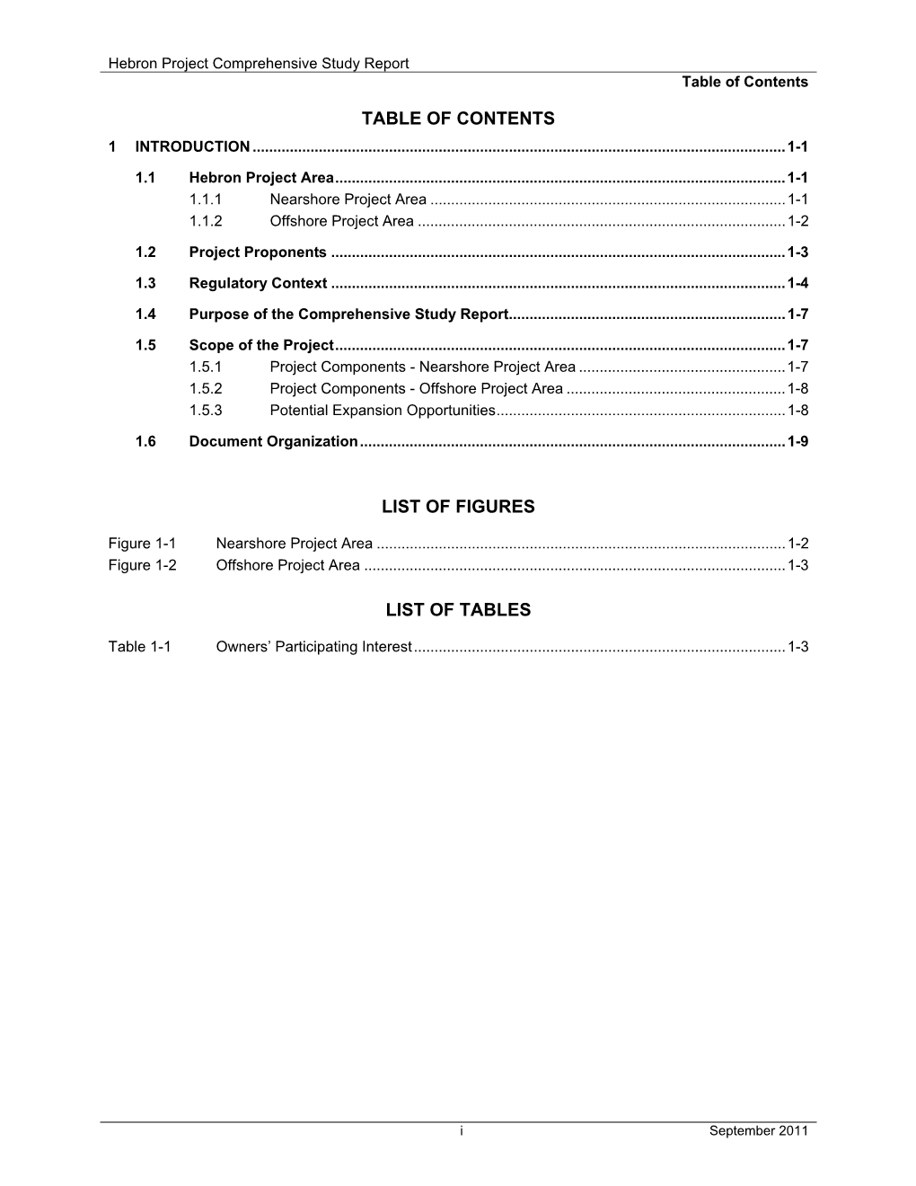 Hebron Project Comprehensive Study Report Table of Contents