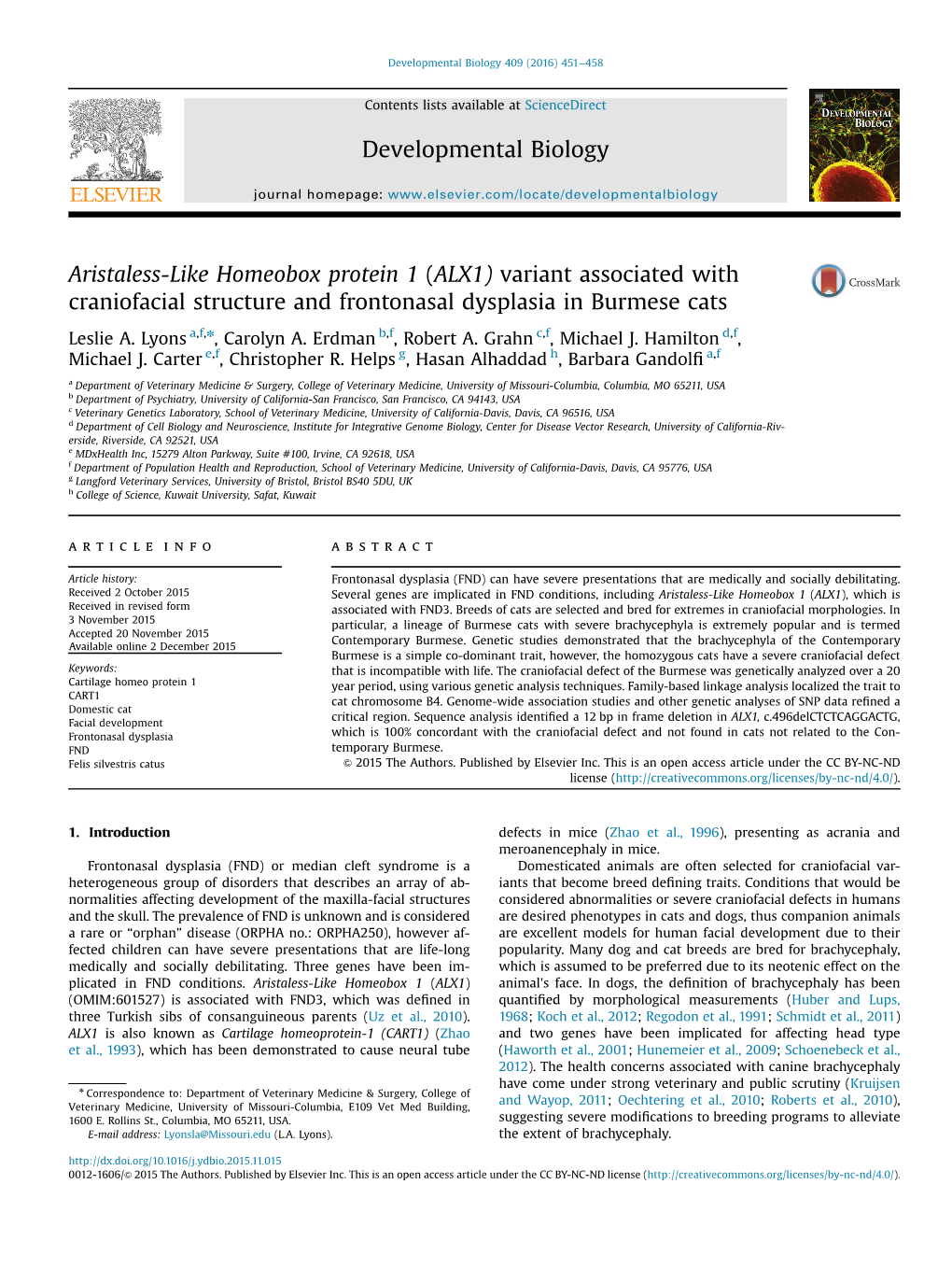 Aristaless-Like Homeobox Protein 1 (ALX1) Variant Associated with Craniofacial Structure and Frontonasal Dysplasia in Burmese Cats