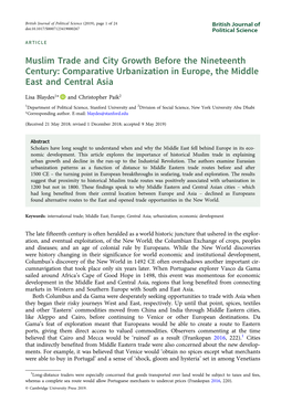 Muslim Trade and City Growth Before the Nineteenth Century: Comparative Urbanization in Europe, the Middle East and Central Asia