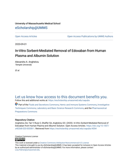 In-Vitro Sorbent-Mediated Removal of Edoxaban from Human Plasma and Albumin Solution