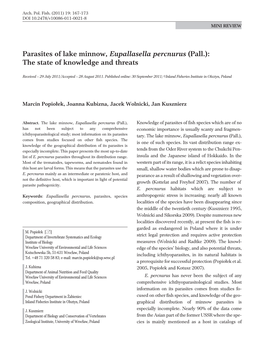 Parasites of Lake Minnow, Eupallasella Percnurus (Pall.): the State of Knowledge and Threats