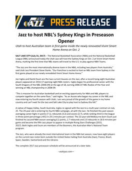 Jazz to Host NBL's Sydney Kings in Preseason Opener