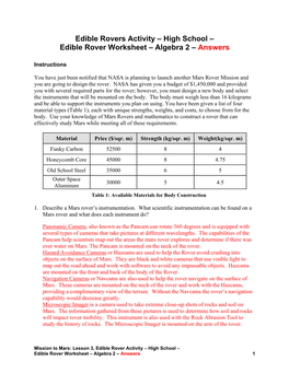Edible Rover Worksheet – Algebra 2 – Answers