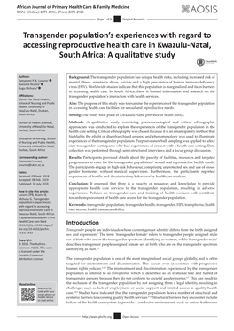 Transgender Population's Experiences with Regard to Accessing Reproductive Health Care in Kwazulu-Natal, South Africa