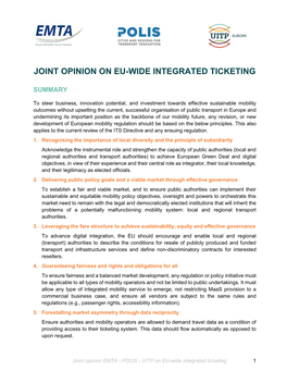 UITP-POLIS-EMTA Joint Opinion on EU-Wide Integrated Ticketing
