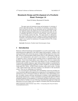 Biomimetic Design and Development of a Prosthetic Hand: Prototype 1.0
