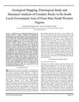 Geological Mapping, Petrological Study and Structural Analysis of Complex Rocks in Ife-South Local Government Area of Osun State South Western Nigeria