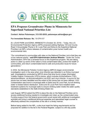 EPA Proposes Groundwater Plume in Minnesota for Superfund National Priorities List