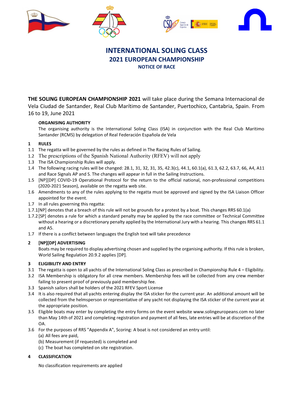 International Soling Class 2021 European Championship Notice of Race