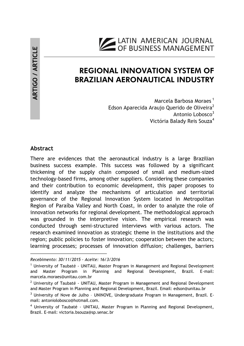 Regional Innovation System of Brazilian Aeronautical Industry