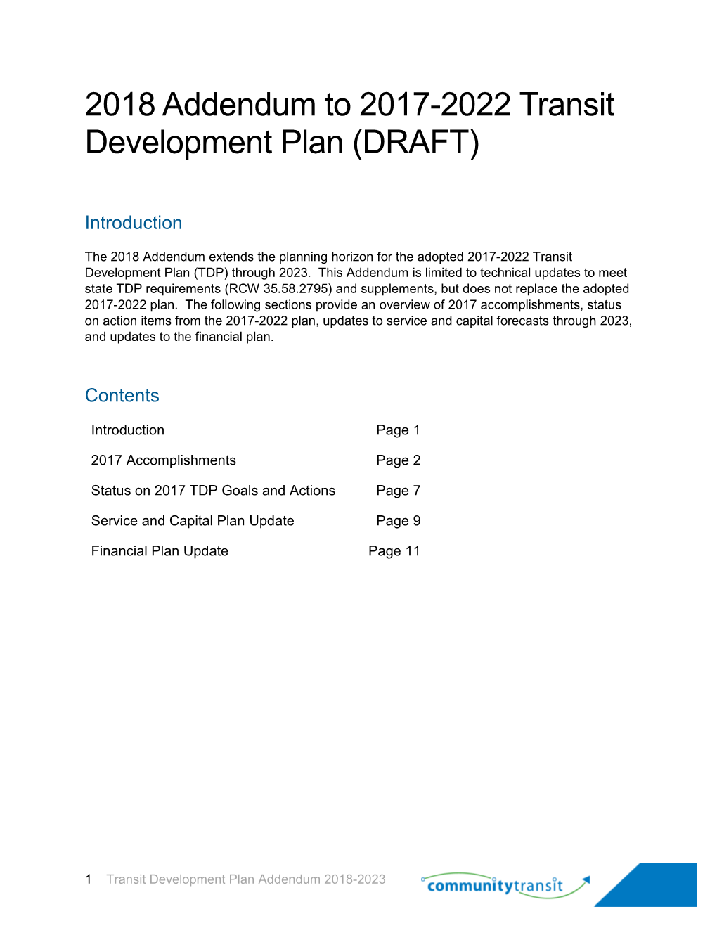 2018 Addendum to 2017-2022 Transit Development Plan (DRAFT)