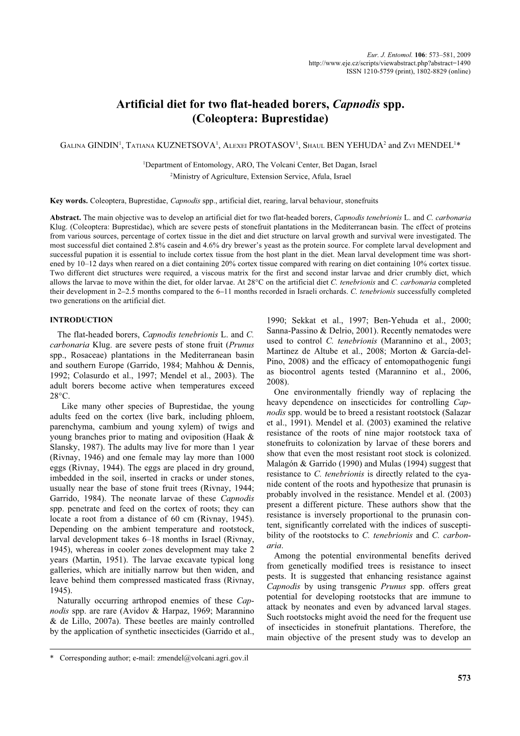 Artificial Diet for Two Flat-Headed Borers, Capnodis Spp. (Coleoptera: Buprestidae)