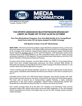 Fox Sports Announces Mlb Postseason Broadcast Lineup As Teams Vie to Stay Alive in October