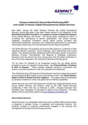 Genpact Ranked the Second Best-Performing BPO and Leader in Human Capital Development by Global Services