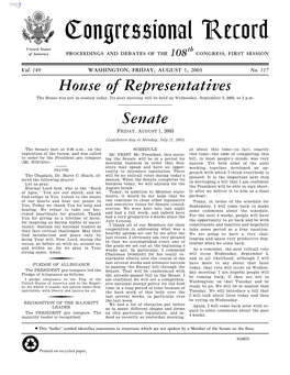 Congressional Record United States Th of America PROCEEDINGS and DEBATES of the 108 CONGRESS, FIRST SESSION