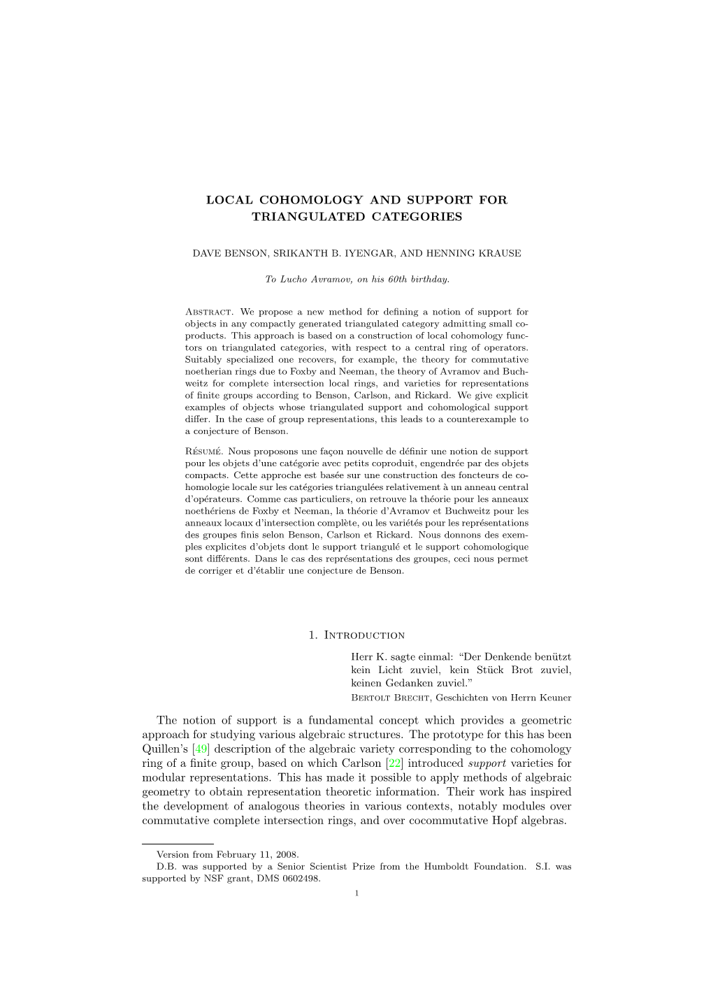 Local Cohomology and Support for Triangulated Categories