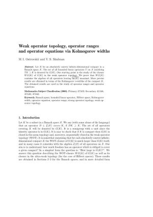Weak Operator Topology, Operator Ranges and Operator Equations Via Kolmogorov Widths