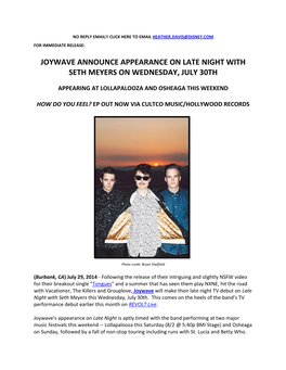 Joywave Announce Appearance on Late Night with Seth Meyers on Wednesday, July 30Th
