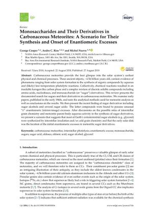 Monosaccharides and Their Derivatives in Carbonaceous Meteorites: a Scenario for Their Synthesis and Onset of Enantiomeric Excesses