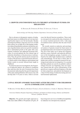 1. Growth and Endocrine Data in Children After Brain Tumor and Irradiation