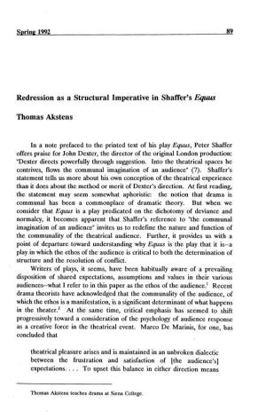 Redression As a Structural Imperative in Shaffer's Equus Thomas Akstens