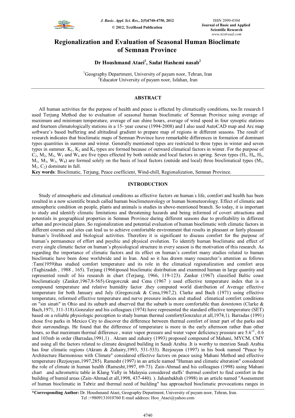 Regionalization and Evaluation of Seasonal Human Bioclimate of Semnan Province