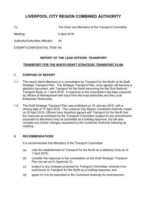 Transport for the North Draft Strategic Transport Plan PDF 122 KB