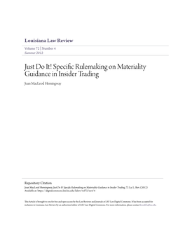 Specific Rulemaking on Materiality Guidance in Insider Trading Joan Macleod Hemingway